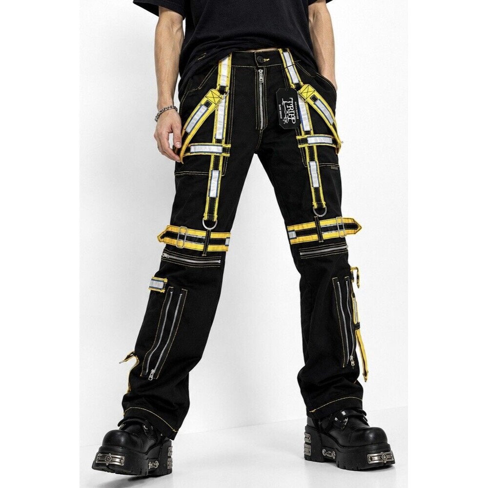 Tripp NYC Energizer Reflective Strap Pants Black Yellow Cyber Goth Size 30 NWT